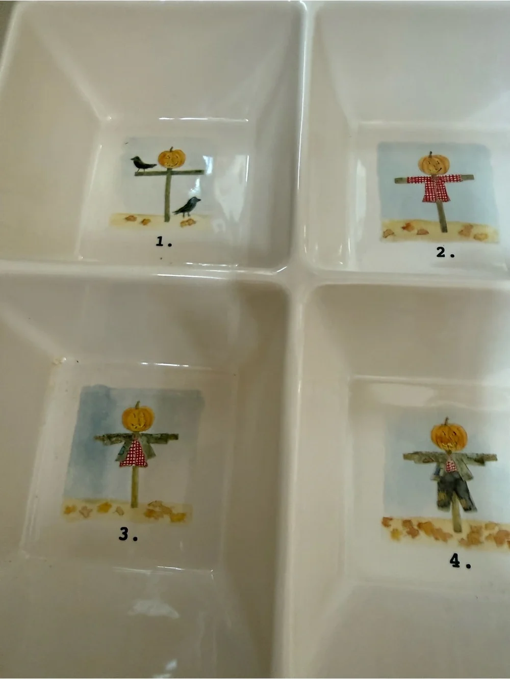 Square Ceramic Divided Snack Dish with Pumpkin Scarecrow Motif